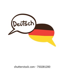 Vector illustration with two hand drawn doodle speech bubbles with a national flag of Germany and hand written name of the German language. Modern design for language course or translation agency.