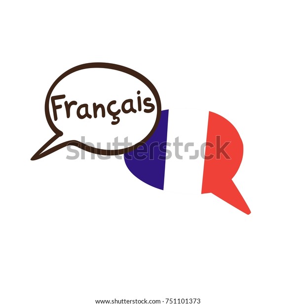 フランス国旗とフランス語の手書きの名前を持つ 2本の手描きの落書き風吹き出しのベクターイラスト 言語コースや翻訳会社向けのモダンデザイン のベクター画像素材 ロイヤリティフリー