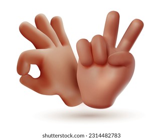 Vector illustration of two hand gesture sign ok and sign v with finger on white color background. 3d style emoji design of man black skin hand for web, banner, poster, print