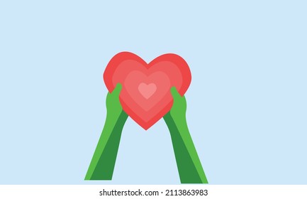 Vector illustration of two hand giving red heart. Two hand giving love conceptual illustration. Giving love or red heart concept