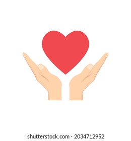Ilustración vectorial de dos manos sosteniendo el gran símbolo de amor del corazón rojo. Ilustración vectorial de diseño plano aislada en fondo blanco.