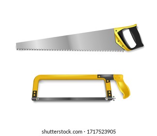 Vector illustration two hand saws with yellow handle. Hand saw for cutting metal and tree