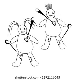 Vector illustration of two hand-drawn voodoo dolls that were pierced with pins. A mans and a womans voodoo doll.