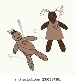 Vector illustration of two hand-drawn voodoo dolls that were pierced with pins. A mans and a womans voodoo dolls.