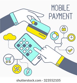 Vector illustration of two hands with bank card and phone with text on light background. Blue and yellow color. Hand draw line art design for web, site, advertising, banner, poster, board and print. 