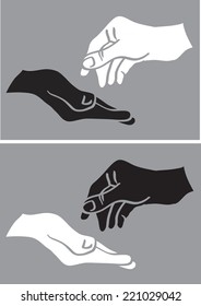 Vector illustration of two hands in black and white in giving and taking gestures isolated on grey background