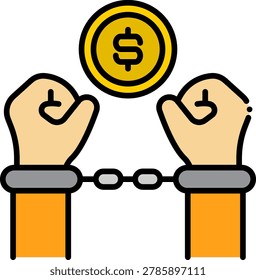 Vector illustration of two hands bound together by steel metal handcuffs underneath a golden coin symbol, representing the arrest of financial criminals.