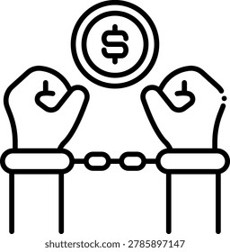 Vector illustration of two hands bound together by steel metal handcuffs underneath a golden coin symbol, representing the arrest of financial criminals.