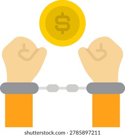 Vector illustration of two hands bound together by steel metal handcuffs underneath a golden coin symbol, representing the arrest of financial criminals.