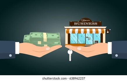 Vector illustration of two hands changing money for small cafe with your business words. 
