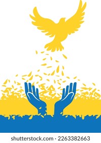 vector illustration of two hands in the colors of the Ukrainian flag releasing a flying dove. Symbol of peace and hope.
