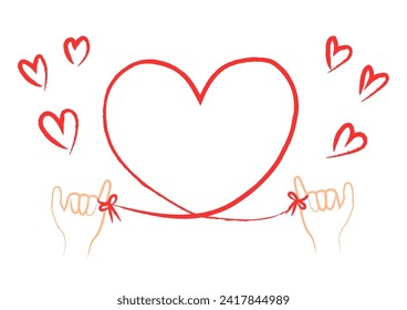 Vector illustration of two hands connected to a heart-shaped red thread. Red string of fate or destiny soulmate. Frame illustration for Valentine's Day and wedding gifts. 