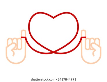 Vector illustration of two hands connected to a heart-shaped red thread. Red string of fate or destiny soulmate. Frame illustration for Valentine's Day and wedding gifts. 