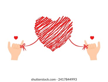 Vector illustration of two hands connected to a heart-shaped red thread. Red string of fate or destiny soulmate. Illustration for Valentine's Day or wedding gift.