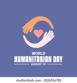 Vector illustration, two hands with different skin colors hugging a heart symbol, as a banner, poster or template, World Humanity day.