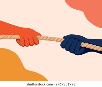 Vector illustration of two hands engaged in a tug-of-war, clutching a thick rope. Symbolic of competition, negotiation, struggle, balance of power, business, conflict resolution, and mental health