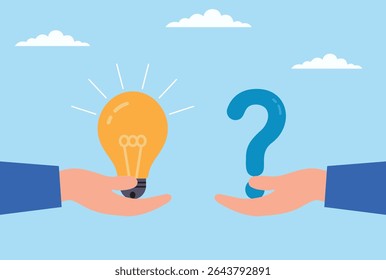 Vector illustration of two hands exchanging ideas and question marks, representing collaboration, curiosity, knowledge sharing, and creative problem solving between individuals
