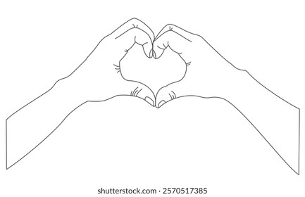 Vector illustration of two hands forming a heart shape, black outline on white background, perfect for projects dedicated to love, relationships and romantic themes.