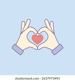 Vector illustration of two hands forming a heart shape with fingers and a red heart in the center. Simple style and soft colors