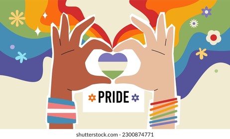 Vector illustration of two hands with genderqueer pride colored heart. Lgbt rainbows. Gay parade, pride month or festival celebration. Pride month web banner, poster template. 