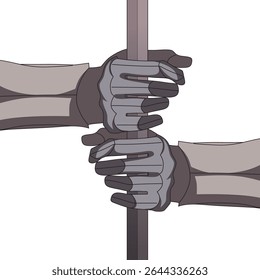 Vector illustration of two hands in gloves gripping a pole, representing teamwork, struggle, strength, or opposition. Ideal for sports, effort, or power visuals.
