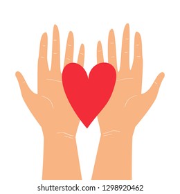 Vector illustration with two hands holding heart isolated on white background. Happy Valentine's Day greeting card design, wedding invitation, love theme poster, save the planet or donation concept