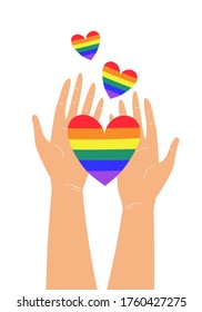 Vector illustration of two hands holding LGBTQ+ rainbow heart colors. Concept of pride, freedom, equality, rights, lesbian, gay, bisexual, transgender love and homosexuality. T-shirt print, emblem