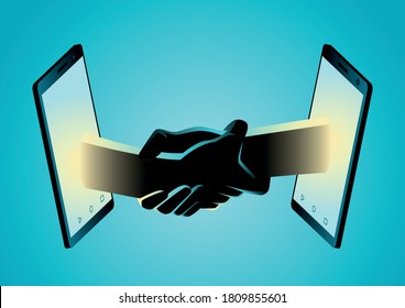 Vector illustration of two hands holding each other strongly through smart phone