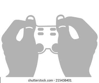 Vector illustration of two hands holding a video game joystick on white background