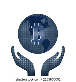 Ilustración vectorial de dos manos sosteniendo un mundo bitcoin, criptodivisa, btc cripto moneda.