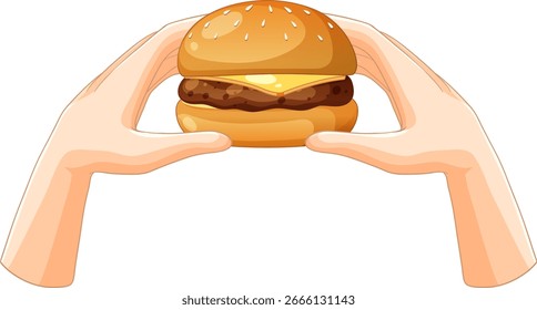 Ilustración vectorial de dos manos sosteniendo una hamburguesa de queso con un bollo de semillas de sésamo, queso derretido y hamburguesa de carne sobre un fondo blanco