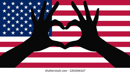 Vector illustration of two hands making a heart shape on the flag of the United States of America (U.S.A.)