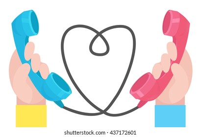 Vector illustration of two hands with old handsets and wire-hearted. Love at a distance. 