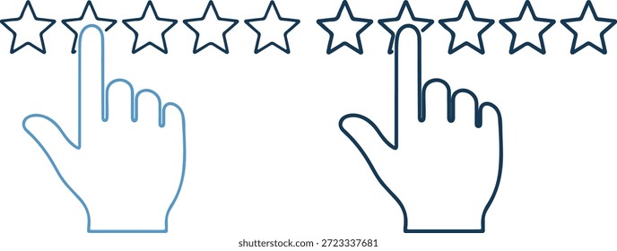 Ilustración vectorial de dos manos que apuntan a una fila de estrellas con sus dedos índices, simbolizando un sistema de calificación o revisión, en tonos azules sobre fondo blanco
