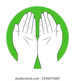Ilustração vetorial de duas mãos em oração com um fundo circular verde, arte de linha preta com tom de pele branco