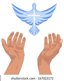 Vector illustration of two hands raised up in worship and praise, above the hands is a blue dove with a white cross.