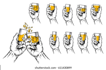 Vector illustration of two hands raised stemware with alcohol in a toast and a set of stemware of different shapes. Engraving style