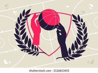 vector illustration of two hands reaching for a basketball
