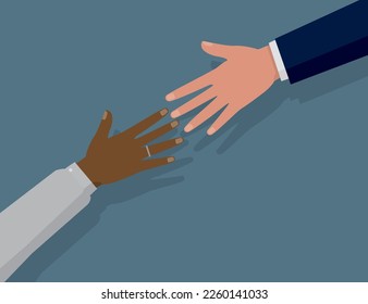 ilustración vectorial de dos manos que se acercan entre sí: mano negra y mano blanca. Símbolo de la lucha contra el racismo
