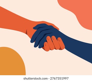 Vector illustration of two hands shaking hands. Minimalistic background ,abstract shapes. Symbol of partnership, help, support, trust, harmony. Ideal for psychology, mental health, business projects