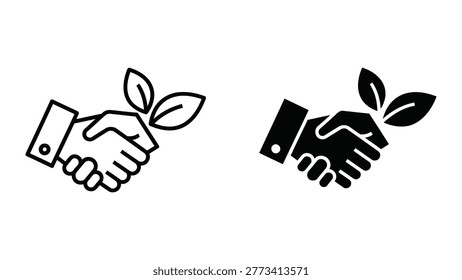 A vector illustration of two hands shaking with a plant growing from their clasp, symbolizing eco-friendly partnership and sustainable business practices, ideal for marketing and environmental concepts.