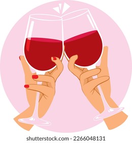 Vektorgrafik von zwei Händen Toasting mit Rotwein. Liebesfeier-Konzept. Käse mit Kristallbrille