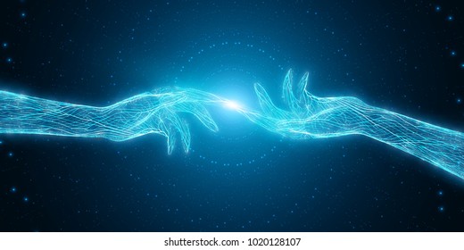 Vector illustration of two hands touch each other. Concept of connection, first contact, network. Digital cyber sense of connection. Mystic artificial intelligence minds union.