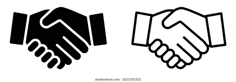 Vector illustration of two handshake icons one outlined and one solid. Perfect for business deals, partnerships, agreements, and trust concepts in web, print, or corporate use. Handshake, icons.
