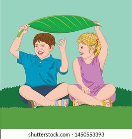 Vector illustration - two happy children sit under a big leaf