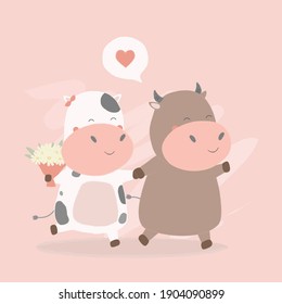 Vector illustration of two happy cow walking with each other. with flowers in hand. Greeting card concept for Valentines Day. Share your love
