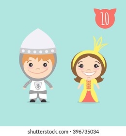 Vector illustration of two happy cute kids characters. Boy in Knight costume and a girl in princess costume.