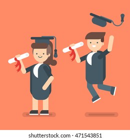 Vector illustration of two happy cute kids characters. Boy and girl in Graduate Costumes.