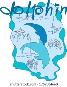 vector illustration two happy dolphins in the sea among corals,lettering