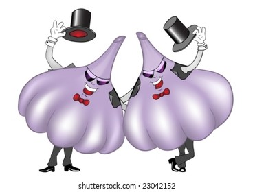 Vector illustration. Two happy elegant garlics with top hats.